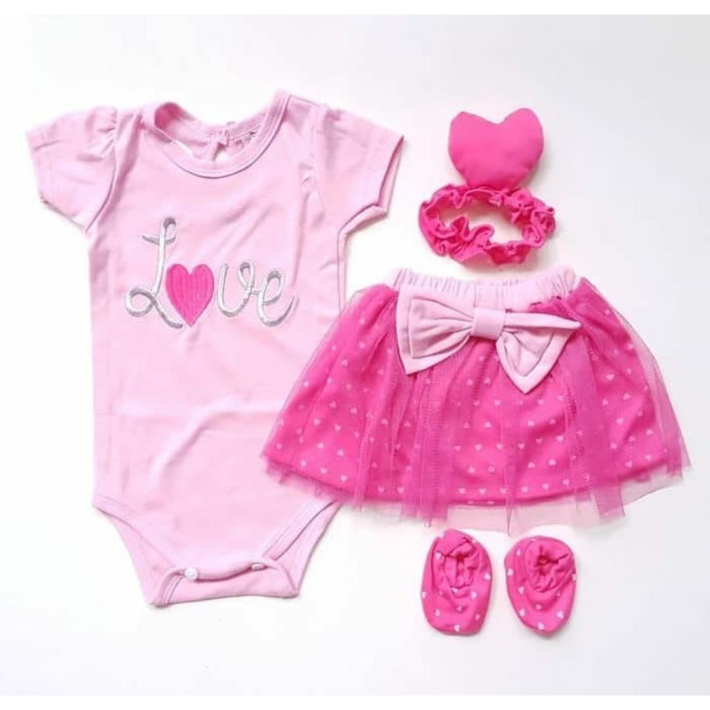 Jumper Bayi Perempuan Rok LOVEKU free Bandana dan Sepatu Baju Anak Cewek 3 6 9 12 bulan setelan