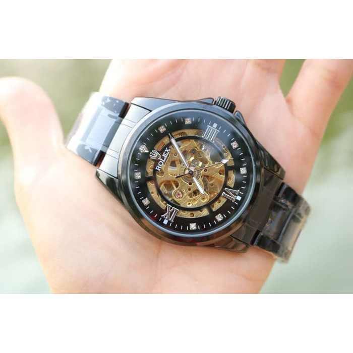 JAM TANGAN PRIA ROLEX AUTOMATIC SKELETON BESAR FULL BLACK (GOLD ROMAWI