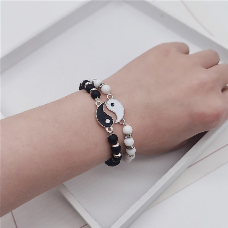 AZ245 [COD✔] 1pcs Hitam Dan Putih Gelang Couple Bracelet Pria / Wanita Desain Manik-Manik Obsidian