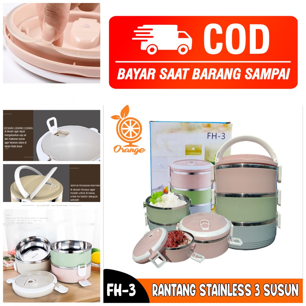 Rantang 3 Susun Polos Stainless serbaguna anti tumpah Warna Kombinasi Rantang 3 Susun Polos Stainless bekal anak