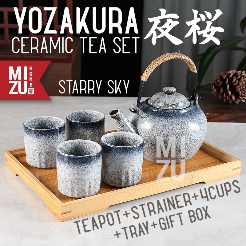 MIZU YOZAKURA Ceramic Tea SET Pot 4 Cups Strainer Tray Gift Box Teko 4 Cangkir Keramik Nampan Bambu-1
