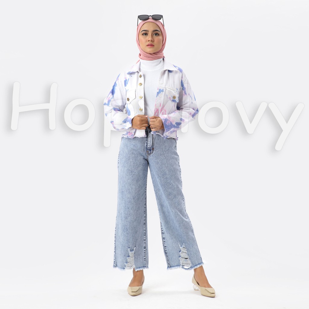 HOPYLOVY - Jaket Jeans Wanita Motif Tie Dye Sunrise