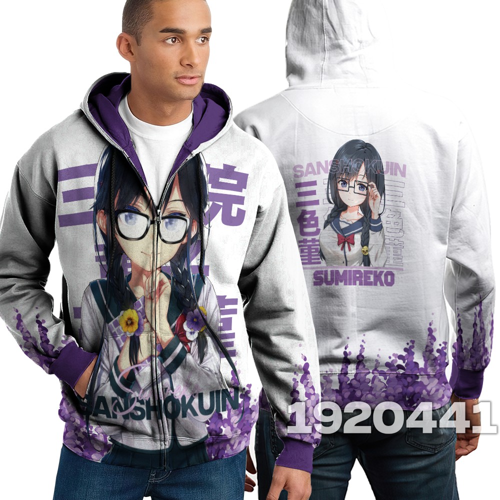 Jaket Hoodie Zipper Sanshokuin Sumireko Full Printing -Bisa Custom Design Tambah Tulisan Nama Gambar