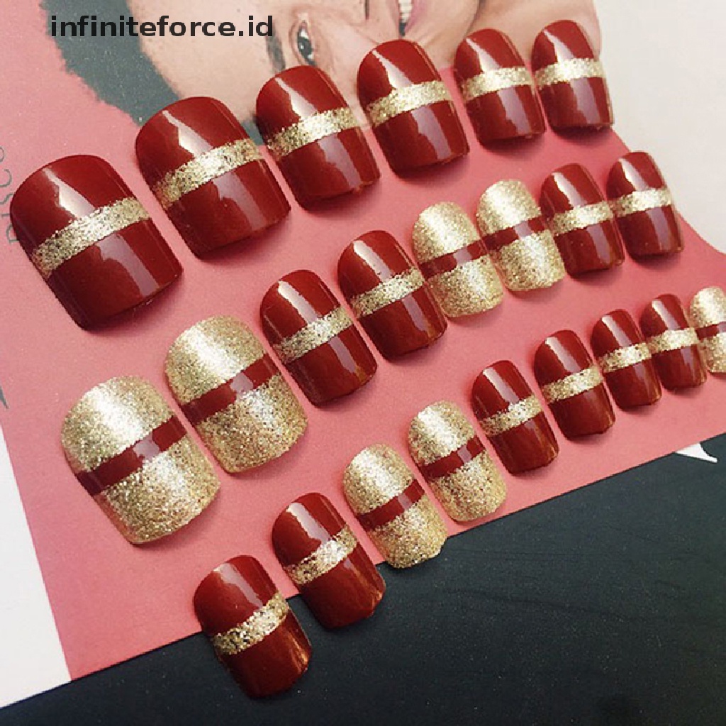 Infiniteforce.id 24pcs / Set Kuku Palsu Full Cover Motif Garis Merah Wine Aksen Glitter Untuk Nail Art