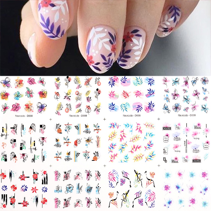 12pcs / Set Stiker Kuku Motif Geometri / Bunga / Daun / Cat Air Untuk Nail Art / Manicure Diy