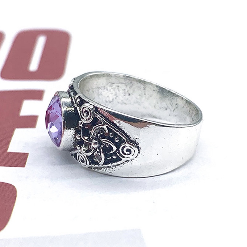 Cincin Sterling Silver 925 Gaya Vintage Dengan Ukiran Bunga + Batu Amethyst Alami Untuk Wanita