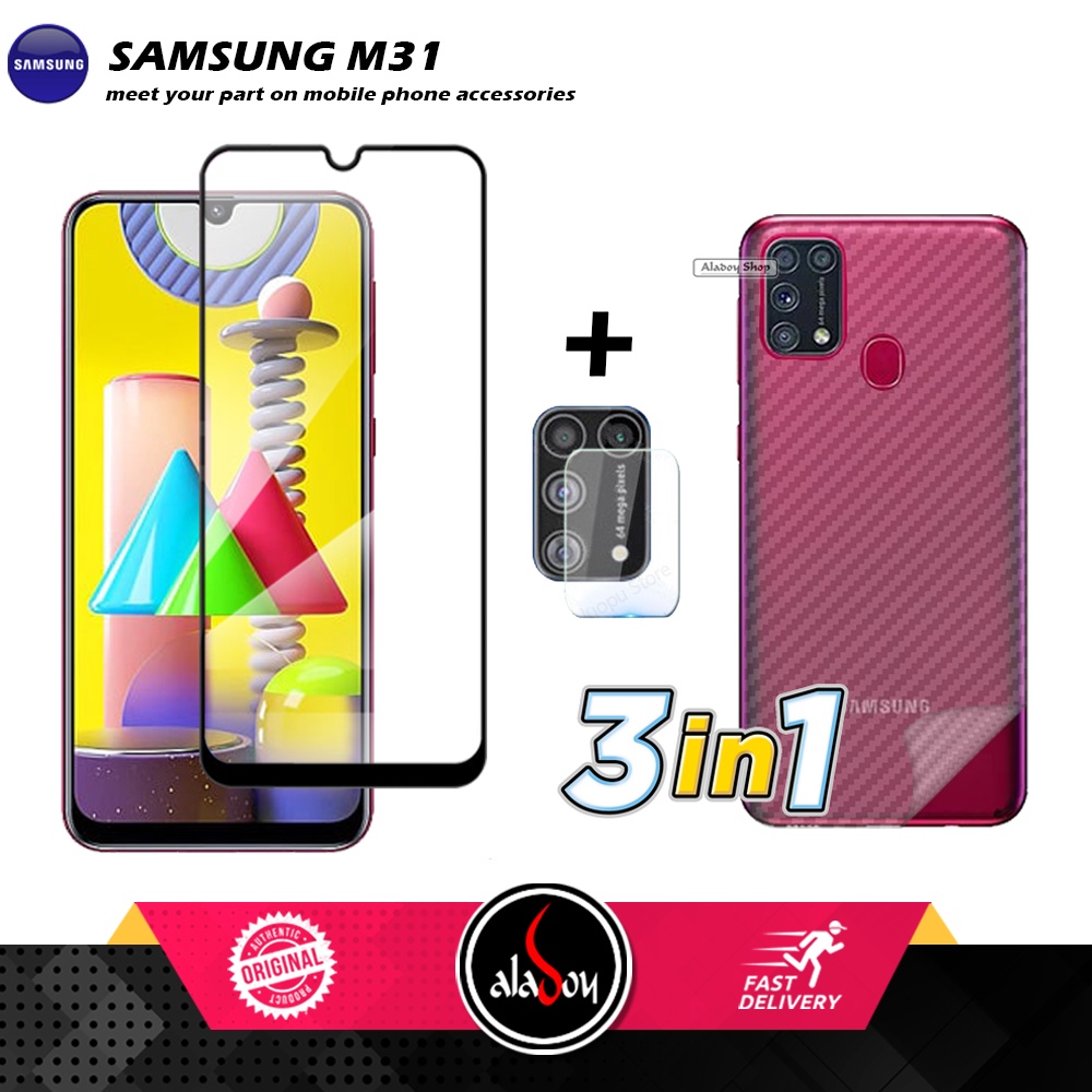 PAKET 3 IN 1 Tempered Glass Layar Samsung M31 Free Tempered Glass Camera dan Skin Carbon