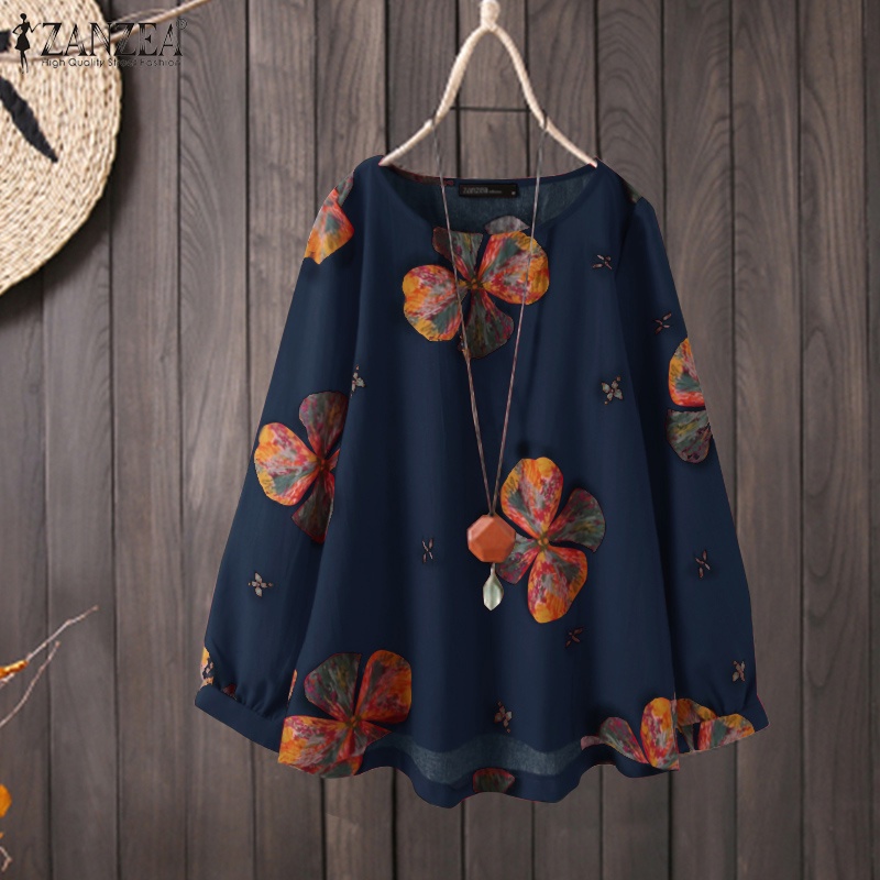 ZANZEA Women Long Sleeve Loose Retro Floral Printed Casual Blouse