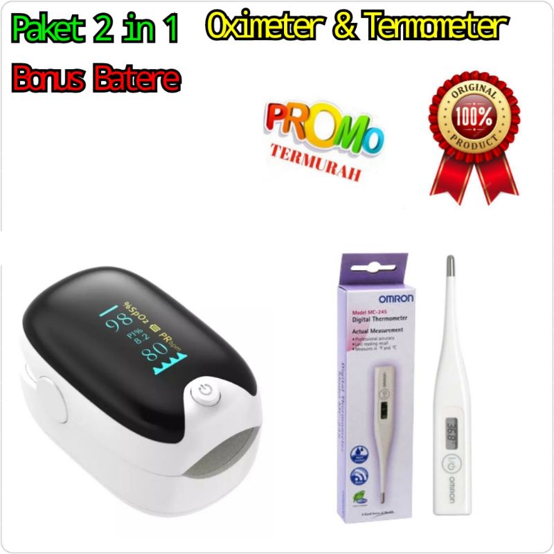 PAKET 2IN1 OXIMETER PULSE FINGERTIP THERMOMETER OMRON MC245 Original  Promo Termurah
