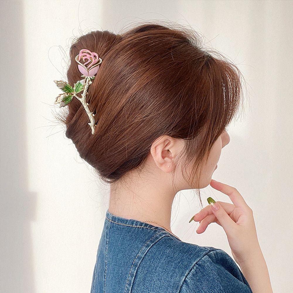 Needway   Female Hair Claw French Luxury Pink Daun Headdres Peri Mawar Hiu Klip