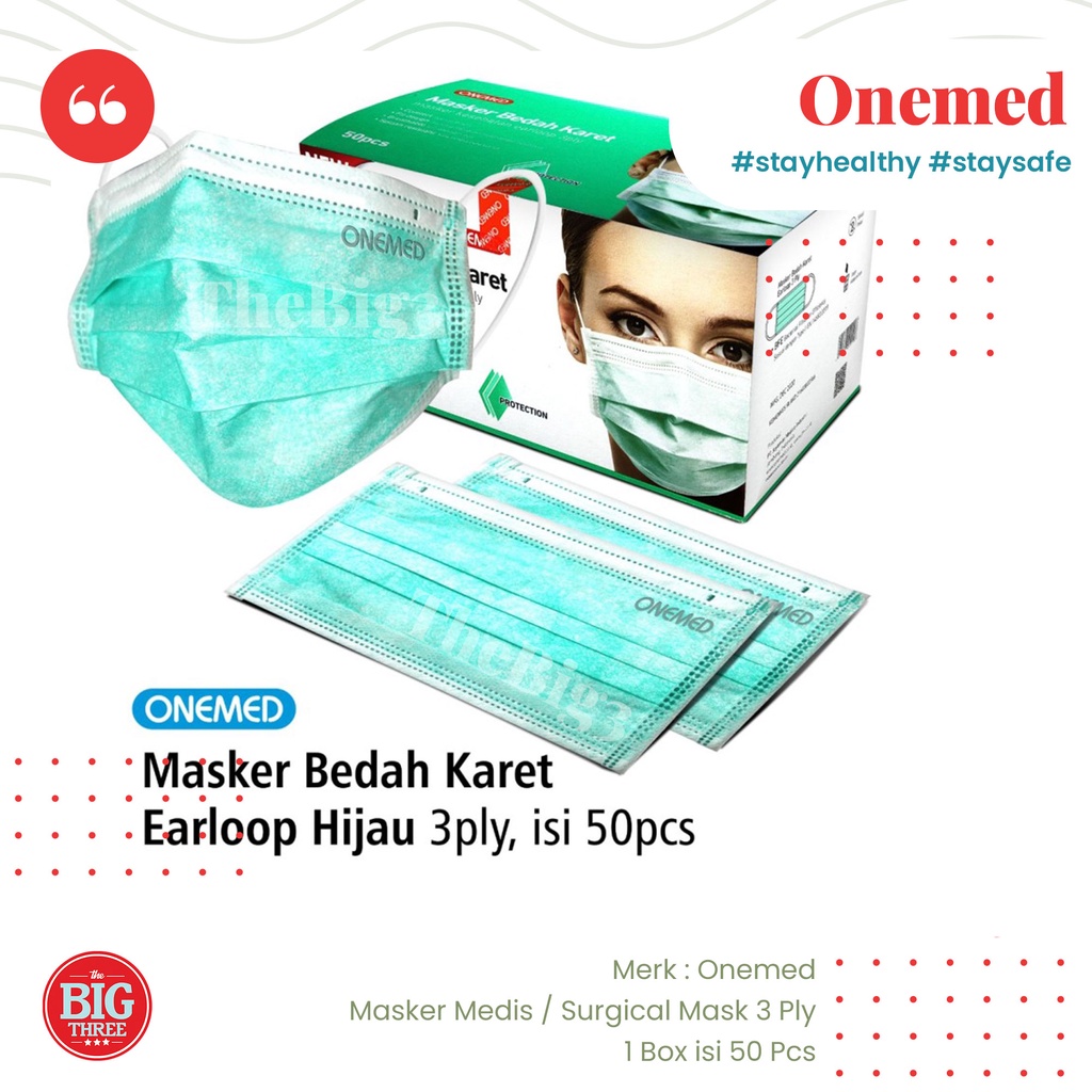 Masker Medis Karet Hijau 3 ply OneMed box 50pcs / Surgical Mask BFE PFE VFE 99 % One Med Acura - TBT