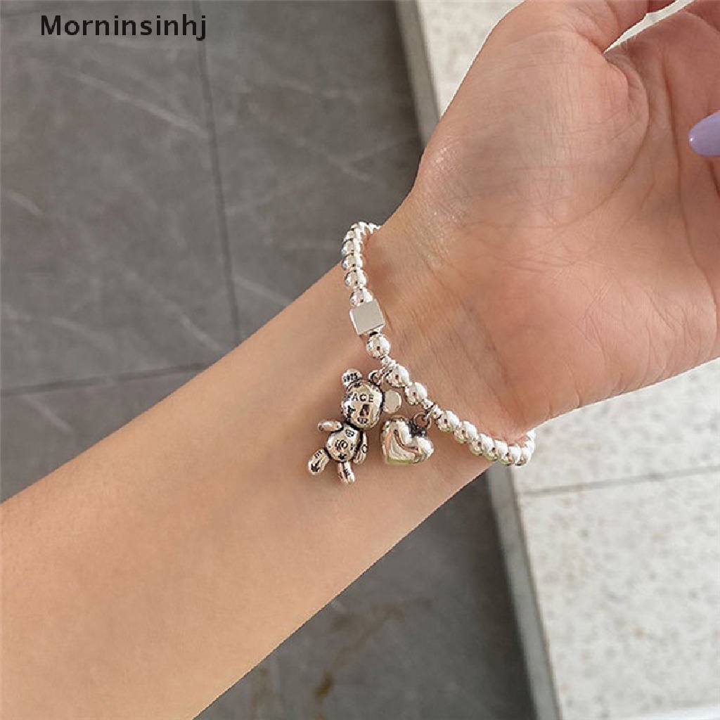 Mornin Gelang Punk Warna Silver Untuk Wanita Manik-Manik String Aksesoris Tren Vintage Sederhana Lucu Beruang Liontin Pesta Perhiasan Halus id