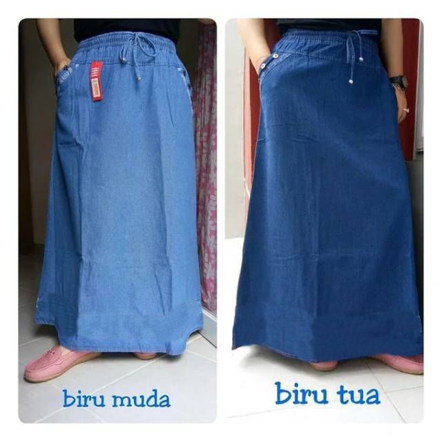 Rok Jeans Span Panjang Denim Polos Wanita Skrit Model A Fashion Muslim Bawahan klok Dewasa Original 