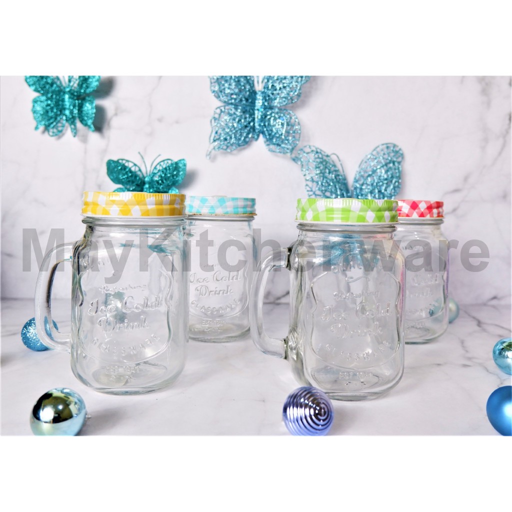 Gelas Kaca Bening Gagang Mug Jar tutup Stainless Steel Cangkir Toples Warna Drink Jar Cafe