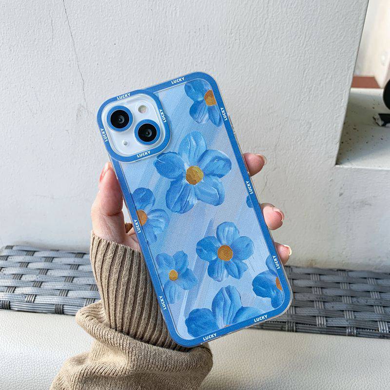 Blue Oil Painting Flowers Soft Case iP iPhone 11 12 13 Pro Max 6 6S 7 8 + Plus X XR SE 2020 XS Max Casing