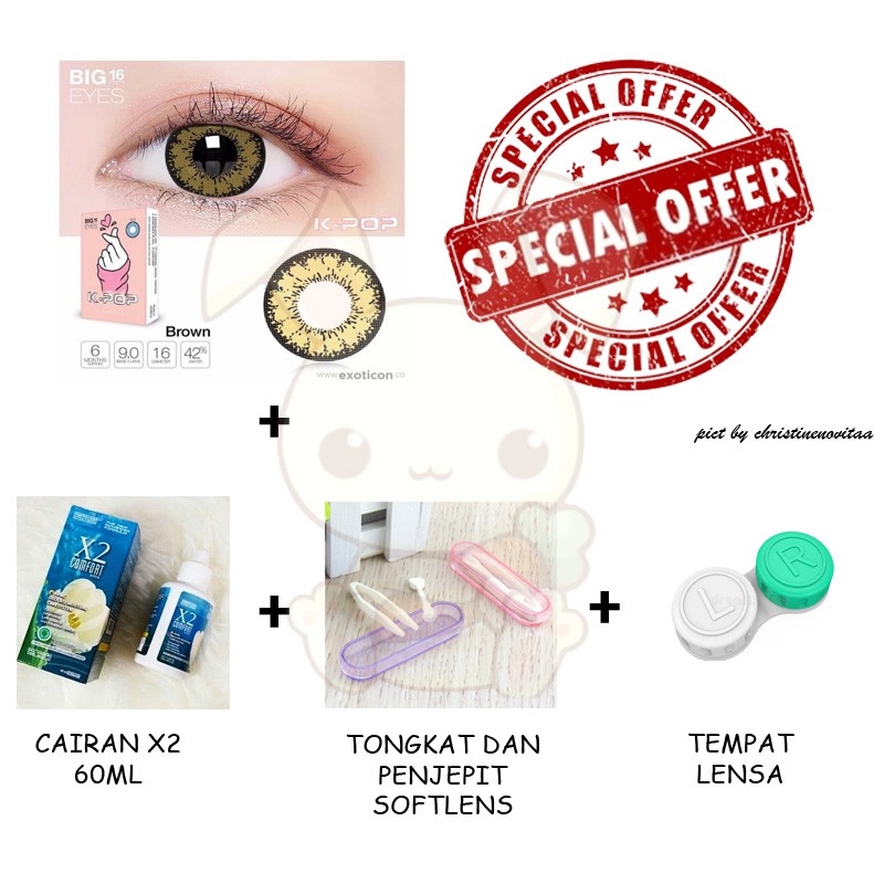 Paket Softlens X2 KPOP BIG EYES 16mm - Normal + Cairan X2 60 ml + Penjepit / Pinset