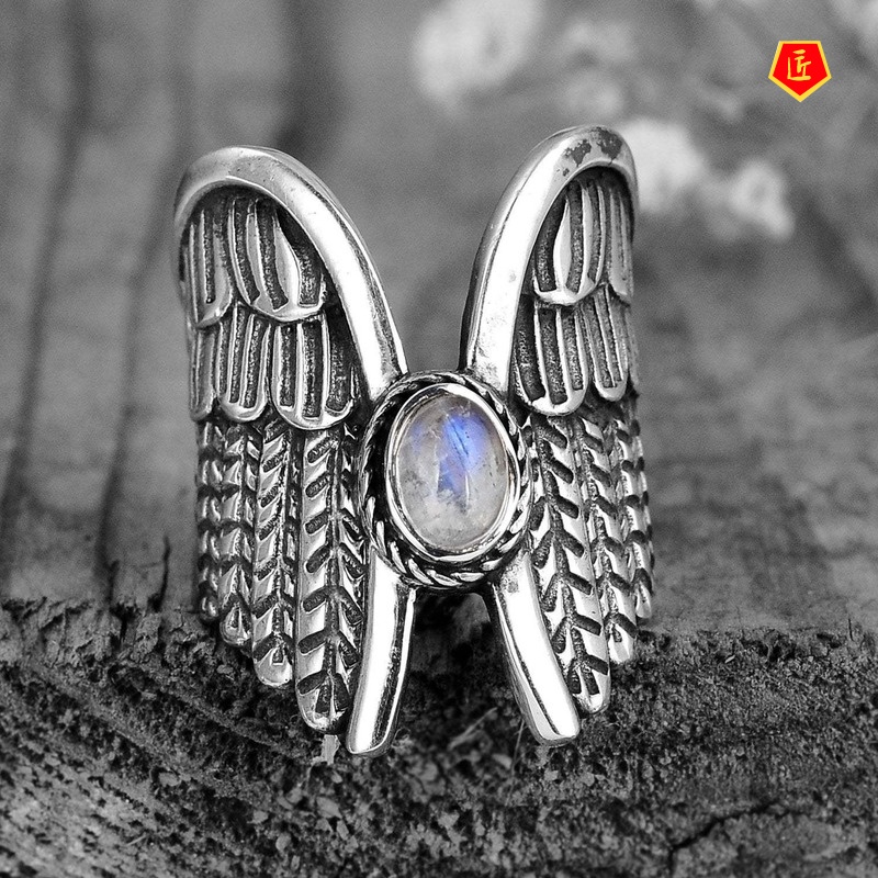 [Ready Stock]Retro Personalized Angel Wings Moonstone Ring