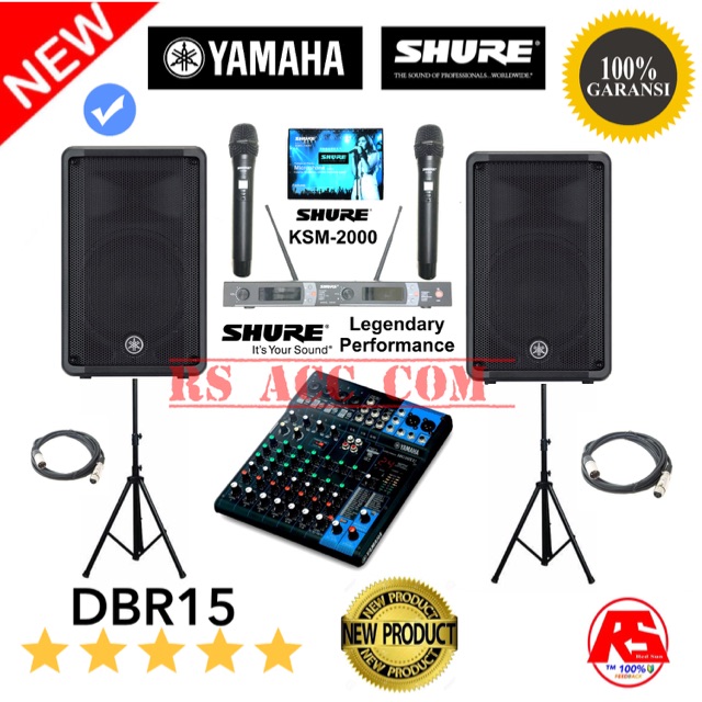 Paket Speaker YAMAHA Aktif DBR15 ORIGINAL Dan Mic Wireless SHURE Performance Freguency MULTI