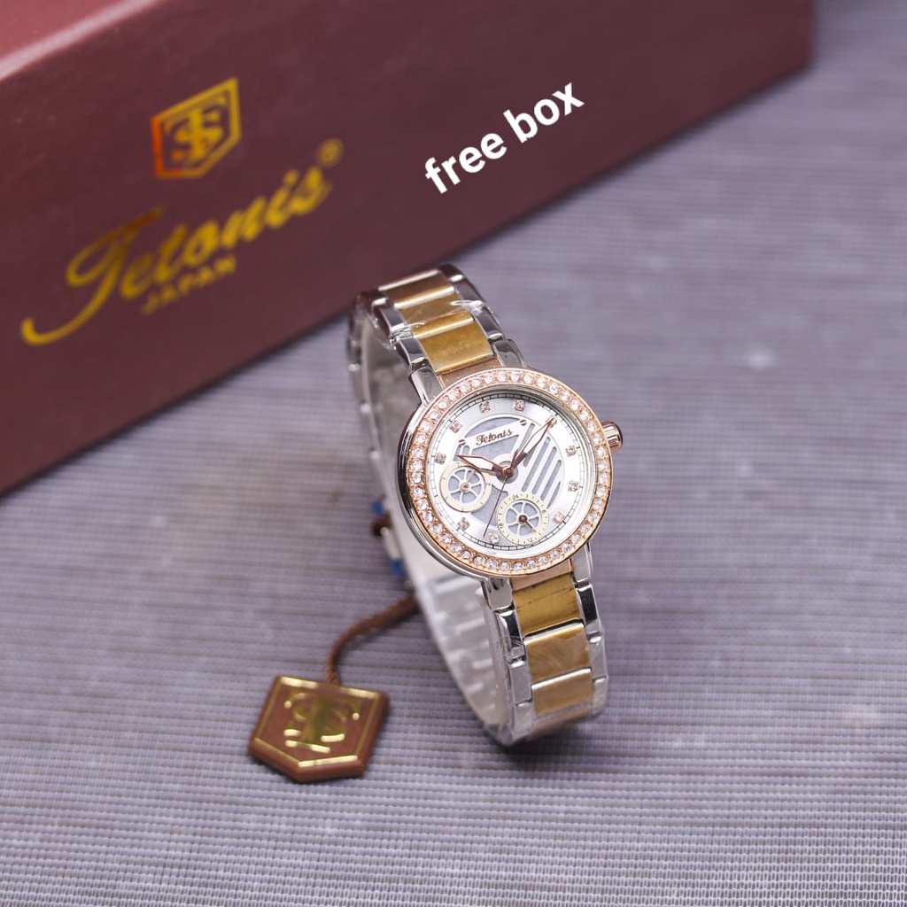 Jam Tangan Wanita Tetonis Original E91502V Tali Rantai Chrono Aktif Free Box Exclusive &amp; Baterai