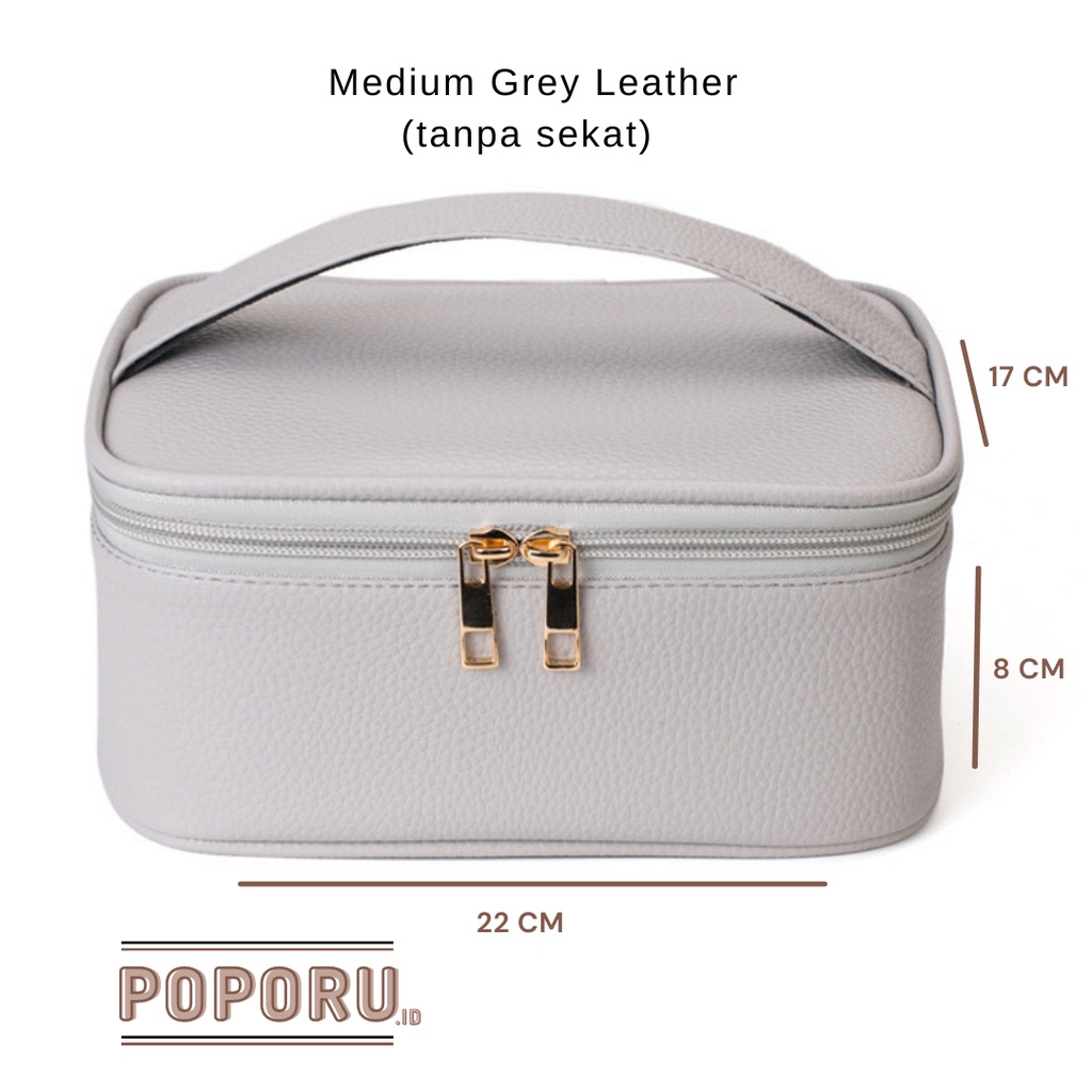 POPORU GREY LEATHER Pouch 4 types - cosmetics bag organizer for make up - tas tempat kosmetik