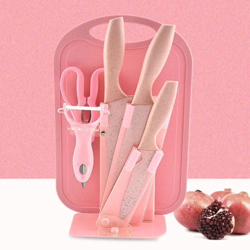 NZK_Pisau Set Rak Talenan 7pcs||Pisau Set Warna Pastel||Pisau Set Ungu Pink Biru