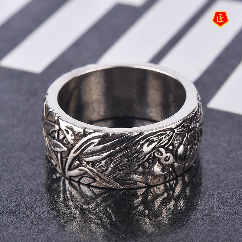 [Ready Stock]Retro Creative Carving Cat and Mouse Silver Ring