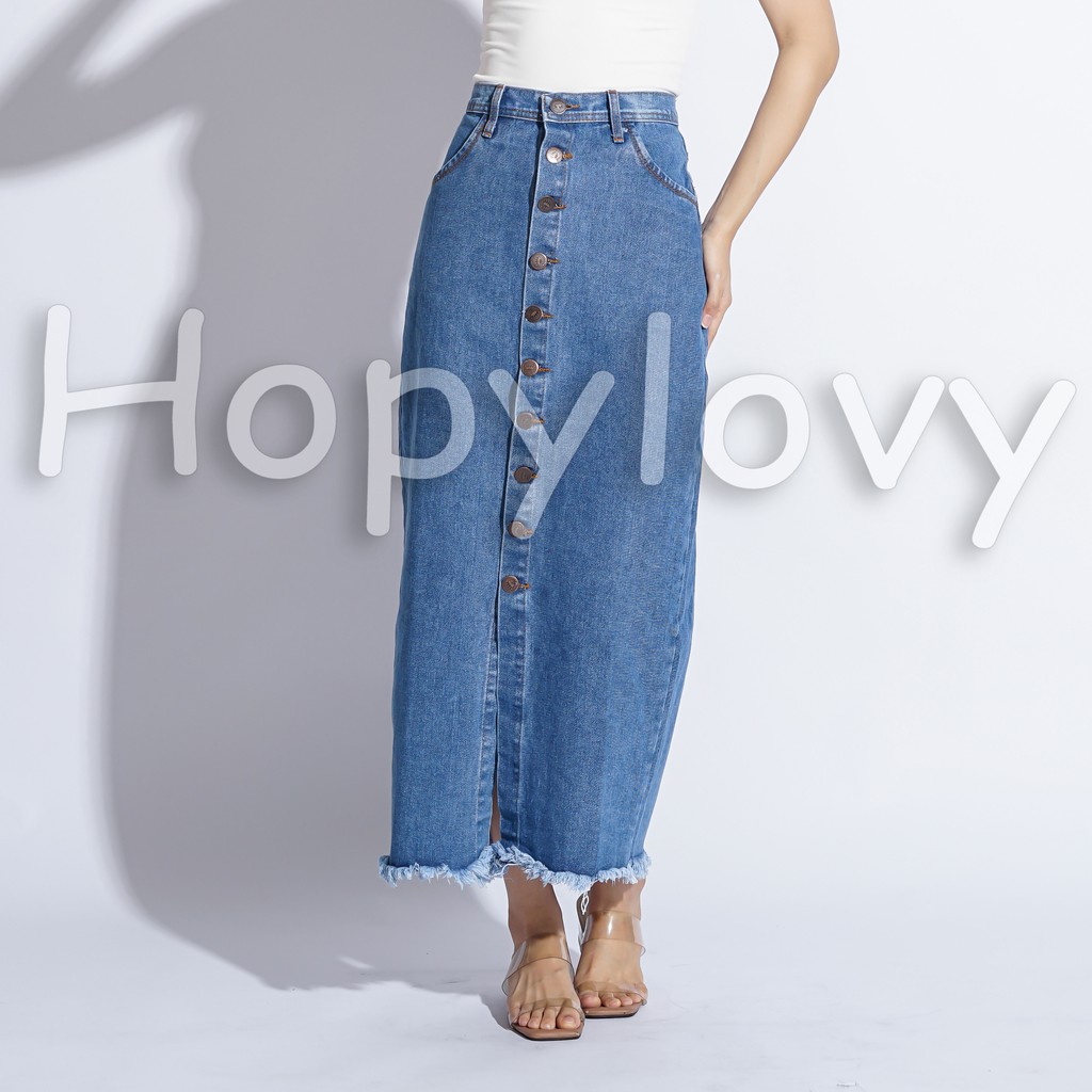 HOPYLOVY - Rok Jeans Panjang Wanita Kancing Depan Belah Front Slit Caca-MEDIUM - Rok Caca