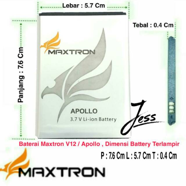 Baterai Battery Original Double  Maxtron V12 APOLLO Ukuran Panjang 7.6 Cm Lebar 5.7 Cm Tebal 0.4 Cm