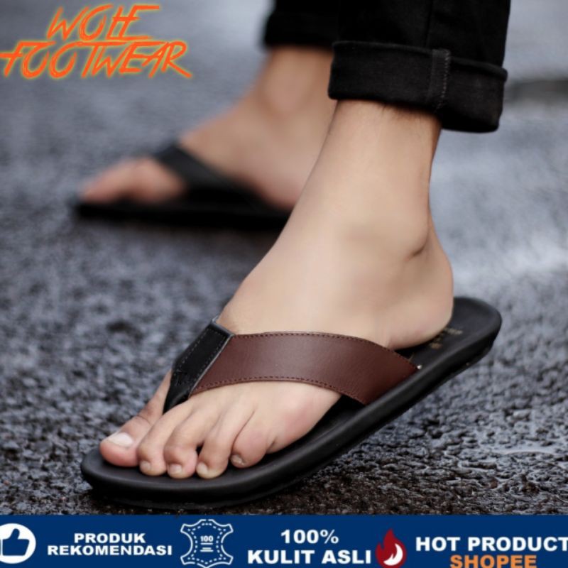 JAVIT BLACK Sandal pria kulit asli cevany original handmade sandal jepit kulit pria bisa COD