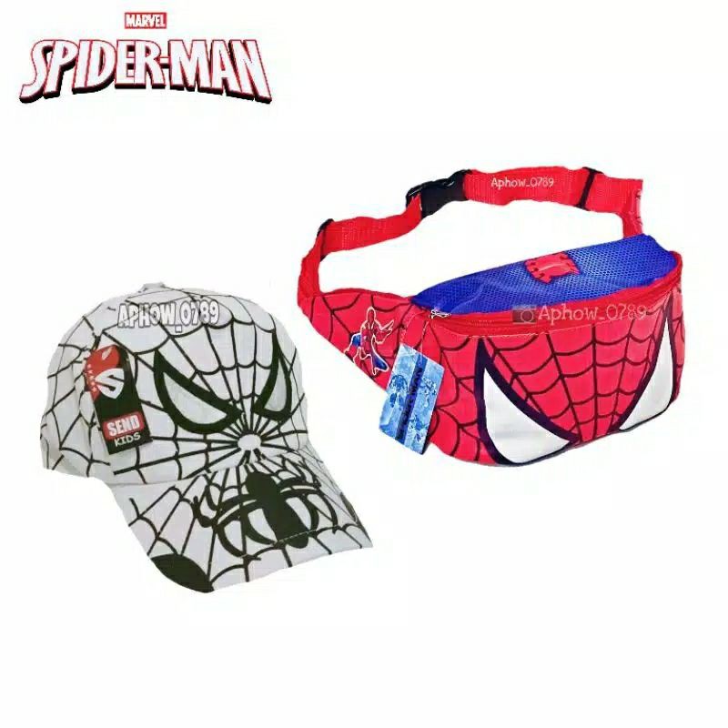 2 in 1 Waistbag Anak Motif SUPERHERO SPIDERMAN DAN TOPI SPIDERMAN