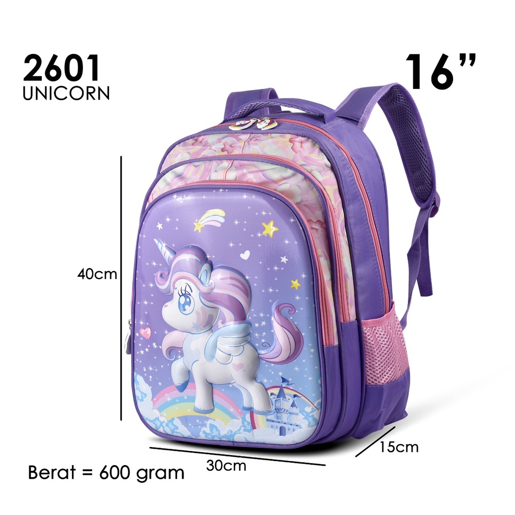 (RF) Tas Sekolah Cartoon 2601 -16 Inch Tas Ransel Timbul Cartoon Anak SD Import Motif Frozen &amp; Unicorn