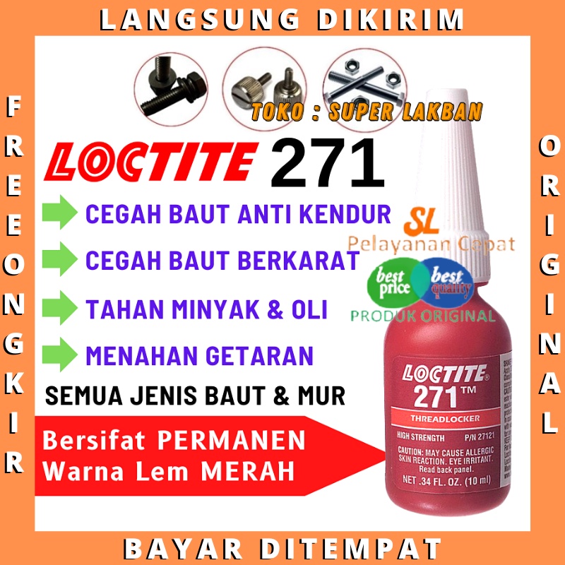 Lem Baut Loctite 271 Threadlocker 10ml Cegah Baut Kendur dan Berkarat