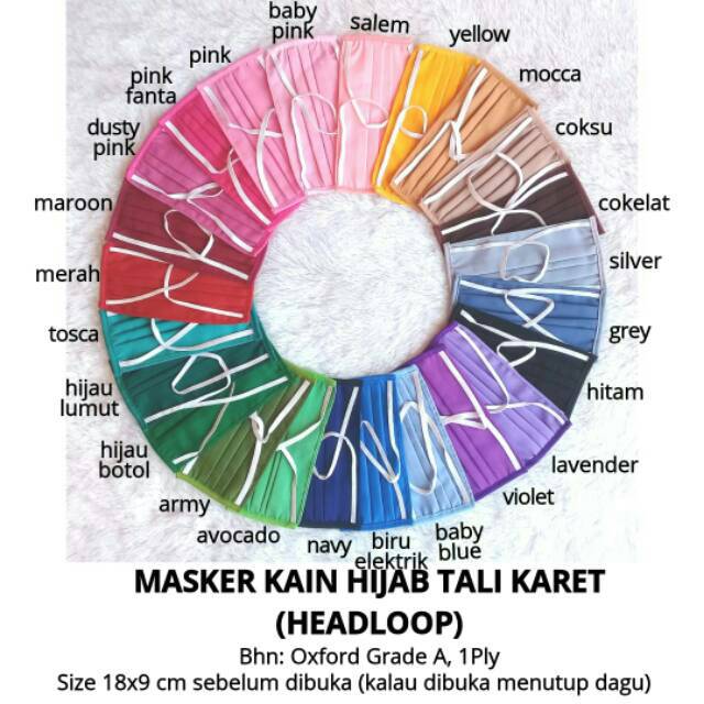 Masker Kain Hijab Tali Karet Headloop (Oxford Grade A) 1 Ply Warna Polos Adem Tebal Grosir Murah