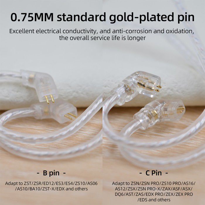 Knowledge Zenith KZ High Purity OFC Flat • Silver Plated Earphone Cable • Hanya Kabel • Type C / Type B