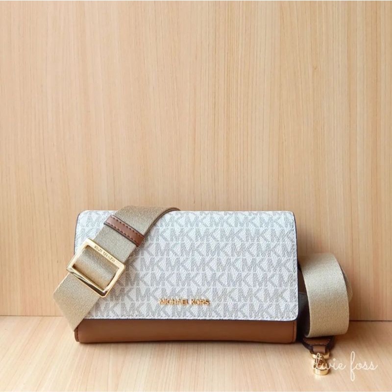 Tas Michael Kors MK Jetset Item Large Zip Around Wallet Crossbody Signature Vanilla Brown Original