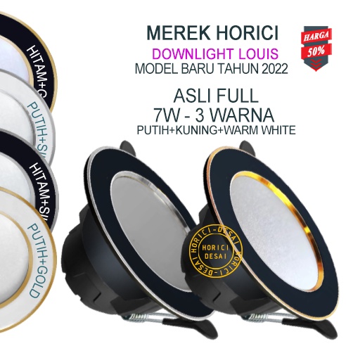 Horici 7W Model Baru Downlight Asli Full Terang Body Silver &amp; Gold/Putih Dan Hitam Lampu Led Plafon 3 Warna-Putih+Kuning+Ww