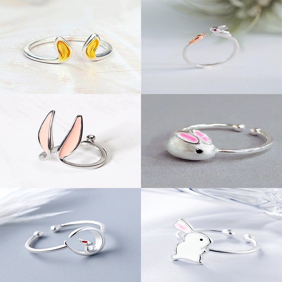 Bunny rabbit ears moon painting oil not rusty waterproof open ring cute ring Korea fashion jewelry accessories factory wholesale in stock