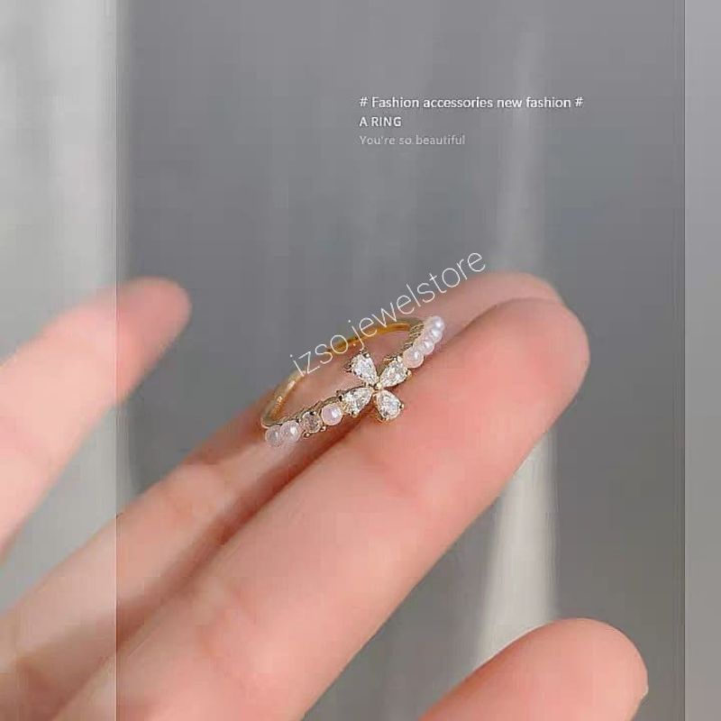 Cincin Adjustable Primrose Gold Cubic Zirconia Crystal With Pearl Lapis emas 18k