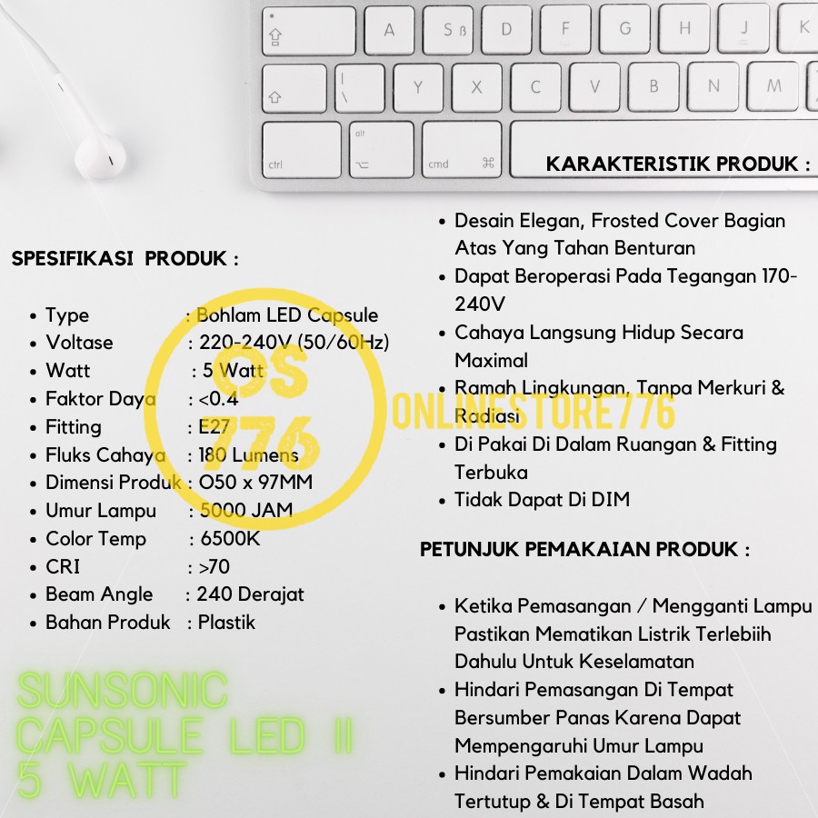 Lampu Sunsonic Capsule 5w Lampu LED 5 Watt Bohlam