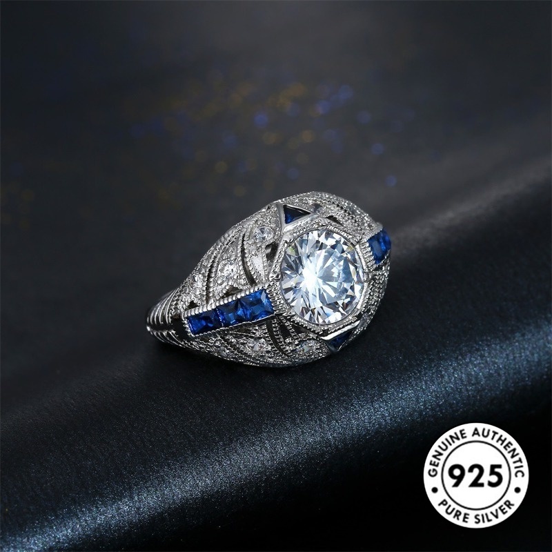 Cincin Berlian Biru Bahan S925 Silver Gaya Elegan