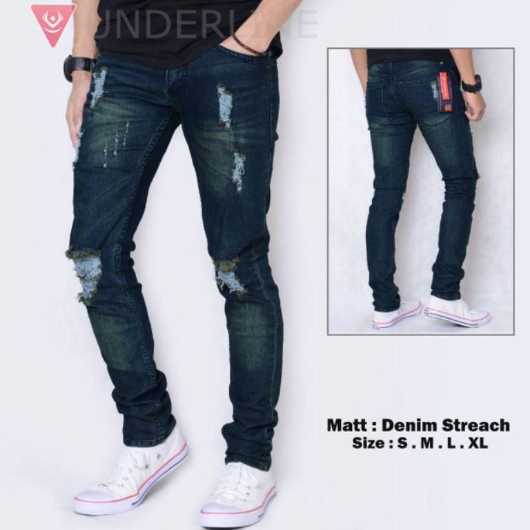 Celana Jeans Pria Sobek Tidak Tembus - 3 RIPPED - S, M, L, & XL - Hitam Gelap - Celana Jeans Ripped 