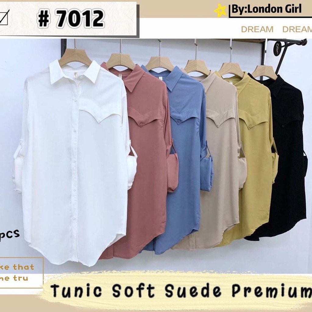 7012 Tunik Kemeja Polos Soft Suede Wanita Import / Kemeja Long Shirt Polos Atasan Panjang Wanita