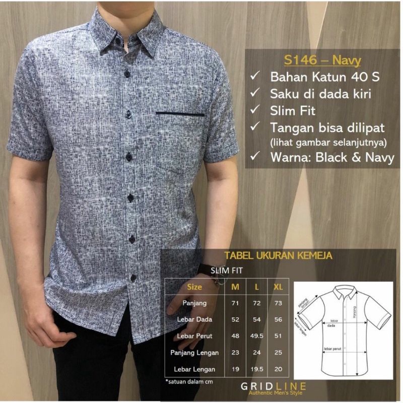 GRIDLINE - S146 Navy & Black | Kemeja Batik Slimfit Pria Katun Lengan Pendek