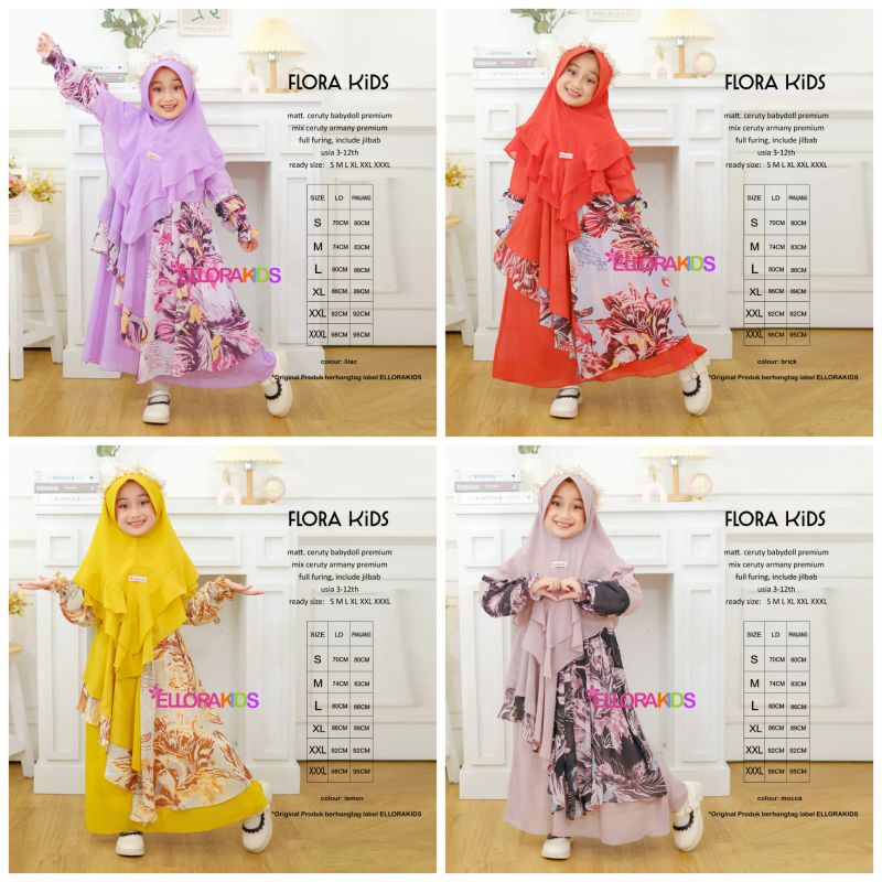 FLORA KIDS//GAMIS ANAK SYARI FREE KHIMAR CERUTTY BABYDOLL GAMIS FULL FURING BY ELLORA KIDS