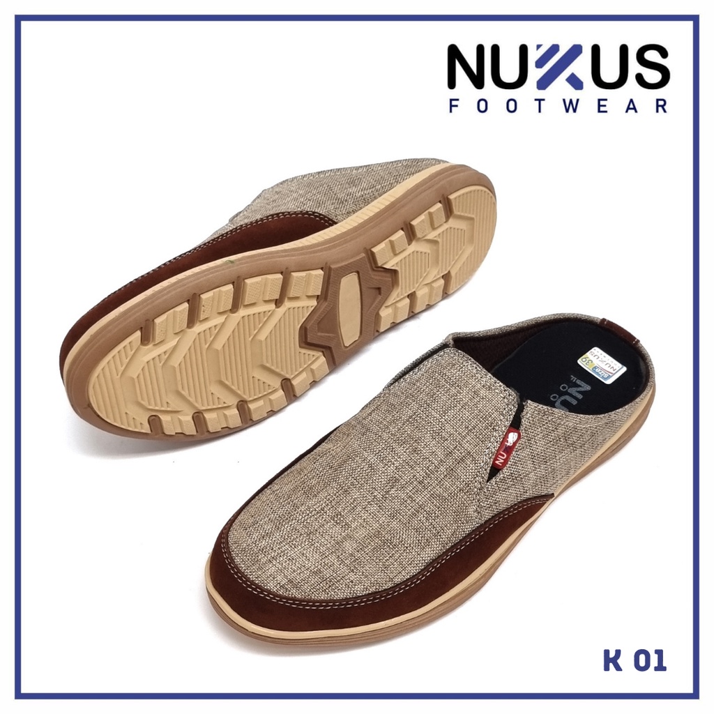 Nukus Sendal Selop Pria Bustong Sandal Kasual Santai Hitam dan Krem  - 01