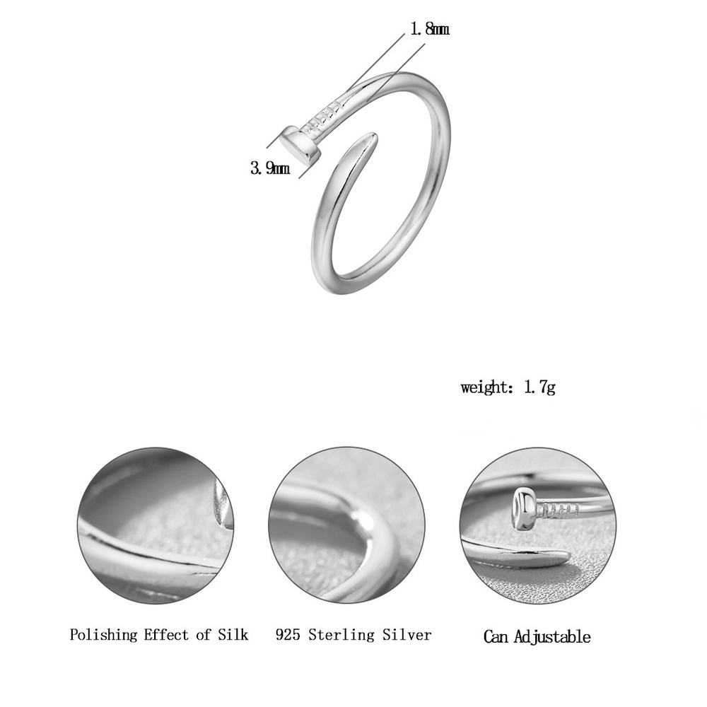 Silver-Plated Fashion Simple Open Nail Ring/European And American Personality Glossy Ring Ring Tide/Ins Niche Design Index Finger Ring/Creative Silver Jewelry Couple Ring