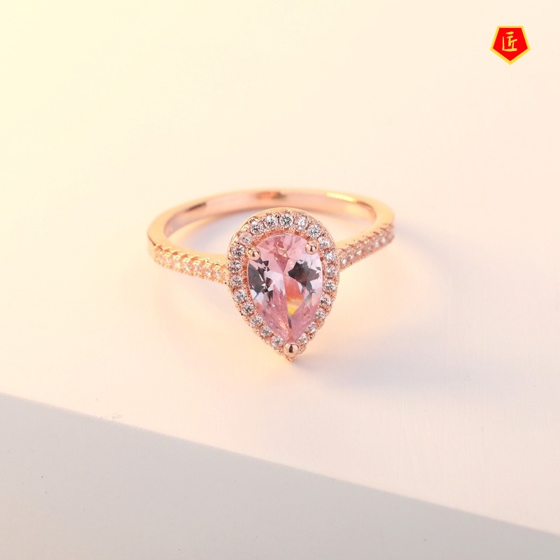 [Ready Stock]Women's Luxury Rose Gold Inlaid Pink Crystal Ring