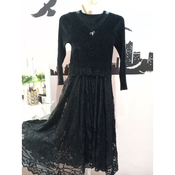 long dress brokat plisket hitam