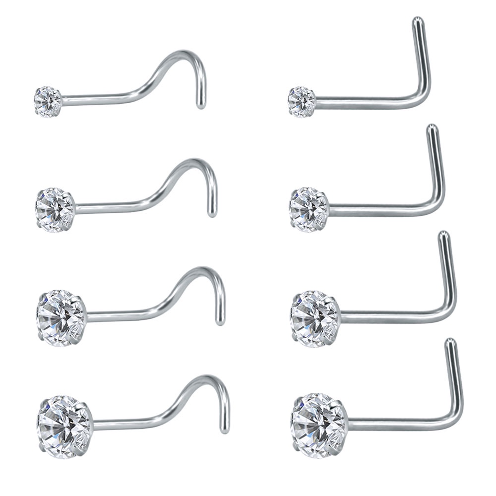 8pcs / 1 Lot Anting Tindik Hidung Bentuk L Bahan Stainless Steel Hias Kristal Zircon