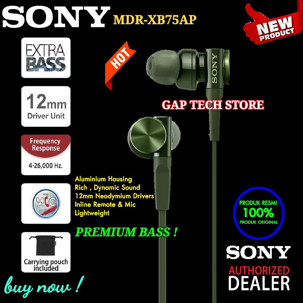 SONY MDR XB75AP Premium In Ear Extra Bass Headphones with Mic Original  GREEN